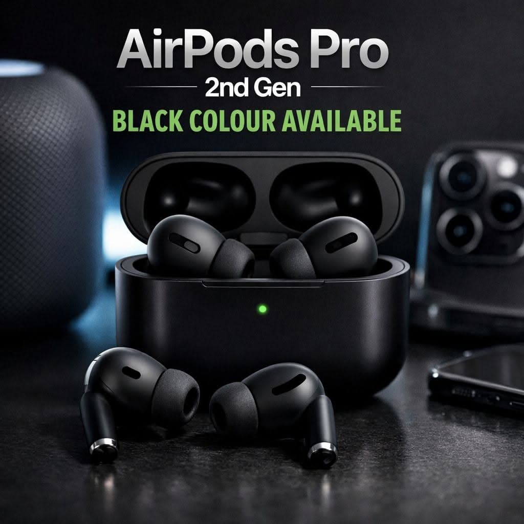 AirPods Pro 2 স্টাইলের কালো রঙের ইয়ারবাড ও চার্জিং কেস — Master Copy